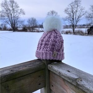 Winter Wonder Cable Crocheted Hat with Pom Pom - Pink, 0-3 months.